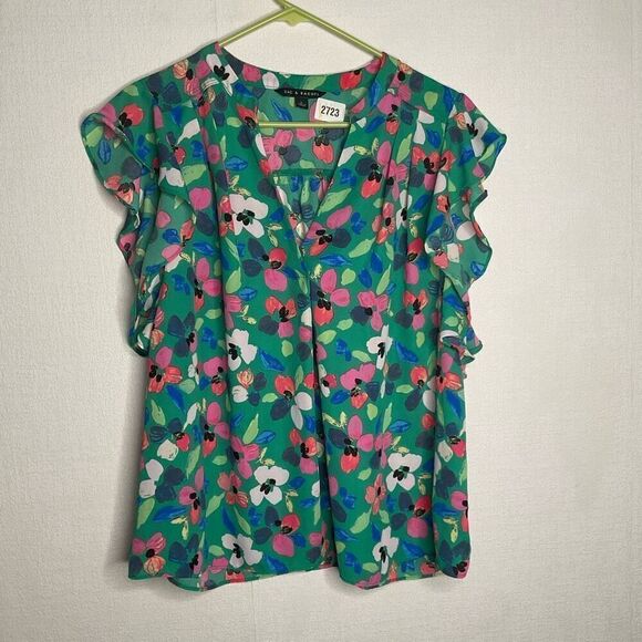 NWOT Zac & Rachel Blouse Plus Size L Green Floral Ruffle Sleeve Chiffon - Picture 1 of 7